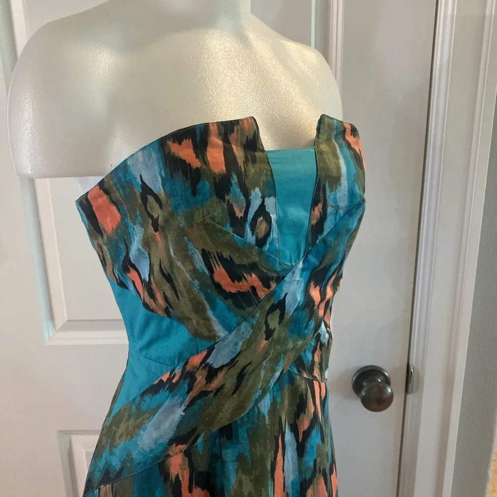 Anthropologie Girls From Savoy Teal‎ Painted Ikat Flared Strapless Dress Size 8